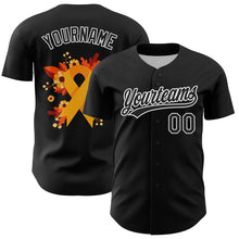 Laden Sie das Bild in den Galerie-Viewer, Custom Black Yellow-White 3D Childhood Cancer Gold Ribbon Authentic Baseball Jersey
