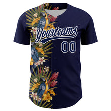 Загрузить изображение в средство просмотра галереи, Custom Navy White 3D Tropical Hawaii Palm Tree And Bird Authentic Baseball Jersey