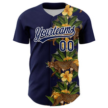 Загрузить изображение в средство просмотра галереи, Custom Navy White 3D Tropical Hawaii Jungle Plant And Leopard Authentic Baseball Jersey