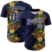 Загрузить изображение в средство просмотра галереи, Custom Navy White 3D Tropical Hawaii Jungle Plant And Leopard Authentic Baseball Jersey