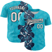 Laden Sie das Bild in den Galerie-Viewer, Custom Lakes Blue White-Black 3D Tropical Hawaii Jungle Leaves And Flower Authentic Baseball Jersey