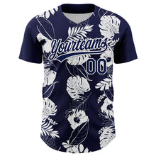 Laden Sie das Bild in den Galerie-Viewer, Custom Navy White 3D Tropical Hawaii Leaves And Flower Authentic Baseball Jersey