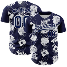 Laden Sie das Bild in den Galerie-Viewer, Custom Navy White 3D Tropical Hawaii Leaves And Flower Authentic Baseball Jersey