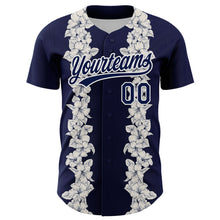 Загрузить изображение в средство просмотра галереи, Custom Navy White 3D Tropical Hawaii Leaves And Flower Authentic Baseball Jersey