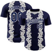 Загрузить изображение в средство просмотра галереи, Custom Navy White 3D Tropical Hawaii Leaves And Flower Authentic Baseball Jersey