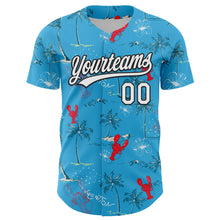 Laden Sie das Bild in den Galerie-Viewer, Custom Sky Blue White-Black 3D Tropical Beach Hawaii Palm Tree And Lobster Authentic Baseball Jersey