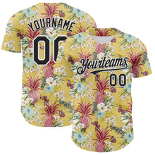 Charger l'image dans la galerie, Custom Yellow Black-White 3D Hawaii Tropical Leaves Flower Pineapple Authentic Baseball Jersey