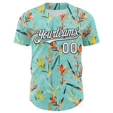 Laden Sie das Bild in den Galerie-Viewer, Custom Ice Blue White-Black 3D Hawaii Tropical Leaves Authentic Baseball Jersey