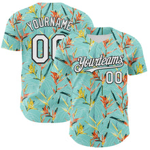 Laden Sie das Bild in den Galerie-Viewer, Custom Ice Blue White-Black 3D Hawaii Tropical Leaves Authentic Baseball Jersey