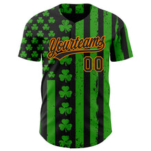 Load image into Gallery viewer, Custom Green Black-Bay Orange 3D St. Patrick's Day Shamrock Authentic Baseball Jersey