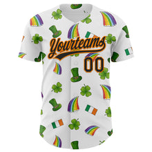 Laden Sie das Bild in den Galerie-Viewer, Custom White Black Bay Orange-Green 3D St. Patrick's Day Shamrock Authentic Baseball Jersey