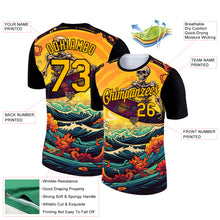 Laden Sie das Bild in den Galerie-Viewer, Custom Black Gold 3D Pattern Design Extreme Sport Skul Skiing Performance T-Shirt