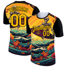 Laden Sie das Bild in den Galerie-Viewer, Custom Black Gold 3D Pattern Design Extreme Sport Skul Skiing Performance T-Shirt