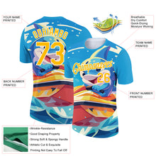 Загрузить изображение в средство просмотра галереи, Custom Sky Blue Gold-White 3D Pattern Design Extreme Sport Cartoon Animal Dolphin Surfing Performance T-Shirt