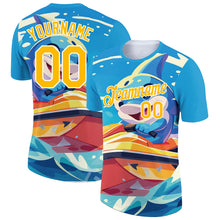 Загрузить изображение в средство просмотра галереи, Custom Sky Blue Gold-White 3D Pattern Design Extreme Sport Cartoon Animal Dolphin Surfing Performance T-Shirt