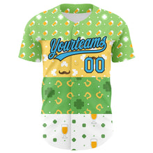 Загрузить изображение в средство просмотра галереи, Custom Green Sky Blue Light Yellow-Black 3D St. Patrick's Day Shamrock Beer Authentic Baseball Jersey
