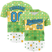 Загрузить изображение в средство просмотра галереи, Custom Green Sky Blue Light Yellow-Black 3D St. Patrick's Day Shamrock Beer Authentic Baseball Jersey