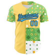 Load image into Gallery viewer, Custom Green Sky Blue Light Yellow-Black 3D St. Patrick's Day Shamrock Beer Authentic Baseball Jersey