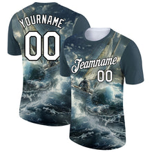 Laden Sie das Bild in den Galerie-Viewer, Custom Navy White-Black 3D Pattern Design Sailing Ship Columbus Day Performance T-Shirt