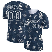 Laden Sie das Bild in den Galerie-Viewer, Custom Navy White 3D Pattern Design Sailing Ship Wheel Compass Columbus Day Performance T-Shirt