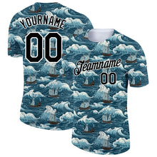 Charger l'image dans la galerie, Custom Teal Black-White 3D Pattern Design Sailing Ship Columbus Day Performance T-Shirt