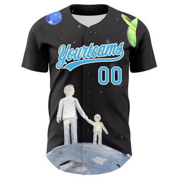 Custom Black Sky Blue-White 3D Pattern Design Father's Day Family Love Authentic Baseball Jersey