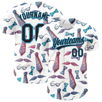 Custom White Black-Sky Blue 3D Pattern Design Father's Day Mustache And Tie Authentic Baseball Jersey