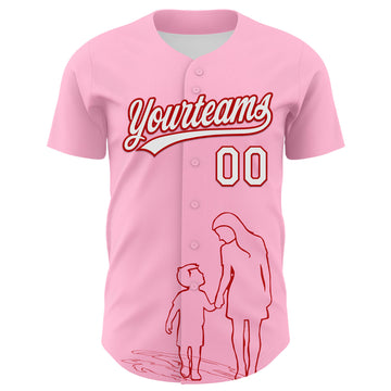 Custom Light Pink White-Red 3D Pattern Design Mother's Day Family Love Authentic Baseball Jersey
