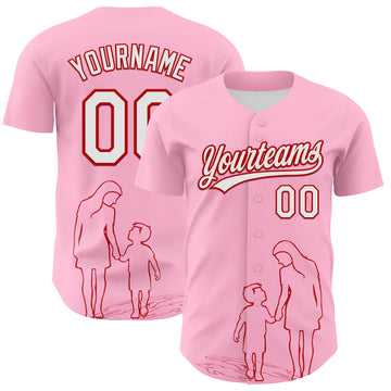 Custom Light Pink White-Red 3D Pattern Design Mother's Day Family Love Authentic Baseball Jersey