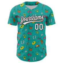 Laden Sie das Bild in den Galerie-Viewer, Custom Aqua White-Black 3D Hawaii Tropical Palm Tree And Beach Authentic Baseball Jersey