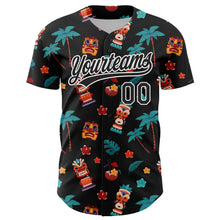 Laden Sie das Bild in den Galerie-Viewer, Custom Black White 3D Hawai Tropical Palm Tree Flower And Tiki Mask Authentic Baseball Jersey