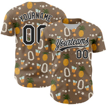 Laden Sie das Bild in den Galerie-Viewer, Custom Brown Black-White 3D Hawaii Flower And Fruit Pineapple Authentic Baseball Jersey