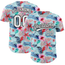Laden Sie das Bild in den Galerie-Viewer, Custom Ice Blue White-Black 3D Hawaii Tropical Palm Leaves And Flower Authentic Baseball Jersey
