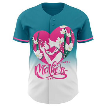 Custom Teal Pink-White 3D Pattern Design Gradient Mother's Day Family Love Authentic Baseball Jersey
