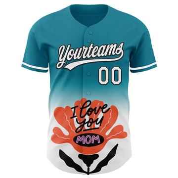 Custom Teal White-Black 3D Pattern Design Gradient Mother's Day Flower Authentic Baseball Jersey