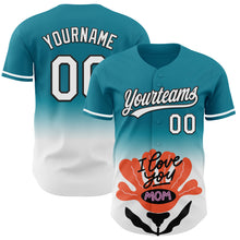 Laden Sie das Bild in den Galerie-Viewer, Custom Teal White-Black 3D Pattern Design Gradient Mother's Day Flower Authentic Baseball Jersey