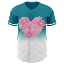 Laden Sie das Bild in den Galerie-Viewer, Custom Teal White-Light Pink 3D Pattern Design Gradient Mother's Day Love And Flower Authentic Baseball Jersey