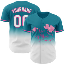 Laden Sie das Bild in den Galerie-Viewer, Custom Teal White-Pink 3D Pattern Design Gradient Mother's Day Love And Flower Authentic Baseball Jersey