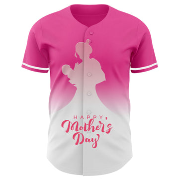 Custom Pink White-Neon Pink 3D Pattern Design Gradient Mother's Day Family Love Authentic Baseball Jersey