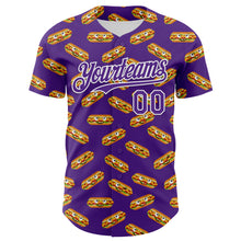 Laden Sie das Bild in den Galerie-Viewer, Custom Purple White 3D Pattern Design Foodie Fast Food Hot Dog Authentic Baseball Jersey