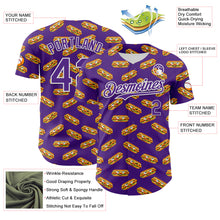 Laden Sie das Bild in den Galerie-Viewer, Custom Purple White 3D Pattern Design Foodie Fast Food Hot Dog Authentic Baseball Jersey