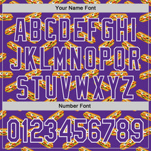 Laden Sie das Bild in den Galerie-Viewer, Custom Purple White 3D Pattern Design Foodie Fast Food Hot Dog Authentic Baseball Jersey