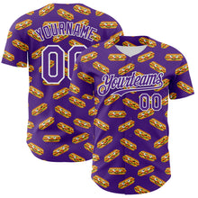 Laden Sie das Bild in den Galerie-Viewer, Custom Purple White 3D Pattern Design Foodie Fast Food Hot Dog Authentic Baseball Jersey