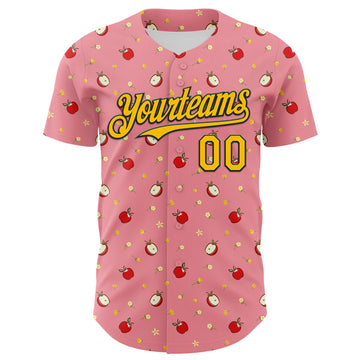 Custom Medium Pink Yellow-Black 3D Pattern Design Foodie Food Fruit Apple Authentic Baseball Jersey