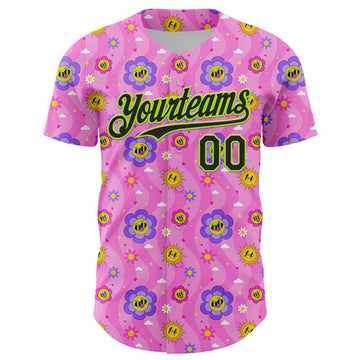 Custom Pink Black-Neon Green 3D Pattern Design Funny Cartoon Flower And Sun Authentic Baseball Jersey