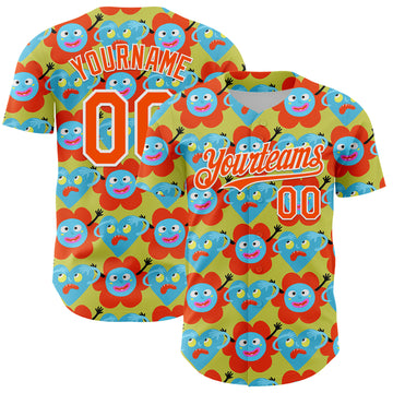Custom Neon Yellow Orange-White 3D Pattern Design Funny Cartoon Flower And Heart Authentic Baseball Jersey