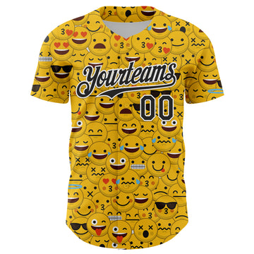 Custom Gold Black-White 3D Pattern Design Funny Cartoon Emoji Face Authentic Baseball Jersey