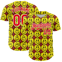 Laden Sie das Bild in den Galerie-Viewer, Custom Fire Red White 3D Pattern Design Funny Cartoon Emoji Smile Face Authentic Baseball Jersey
