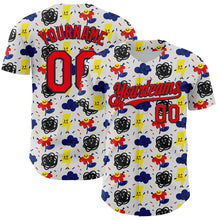 Load image into Gallery viewer, Custom White Fire Red-Black 3D Pattern Design Funny Cartoon Flower Cloud Lightning Authentic Baseball Jersey