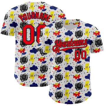 Custom White Fire Red-Black 3D Pattern Design Funny Cartoon Flower Cloud Lightning Authentic Baseball Jersey